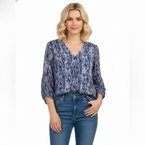 Hope & Harlow Women's Blouse V-neck Button Up Blue & White Polyester Size Large